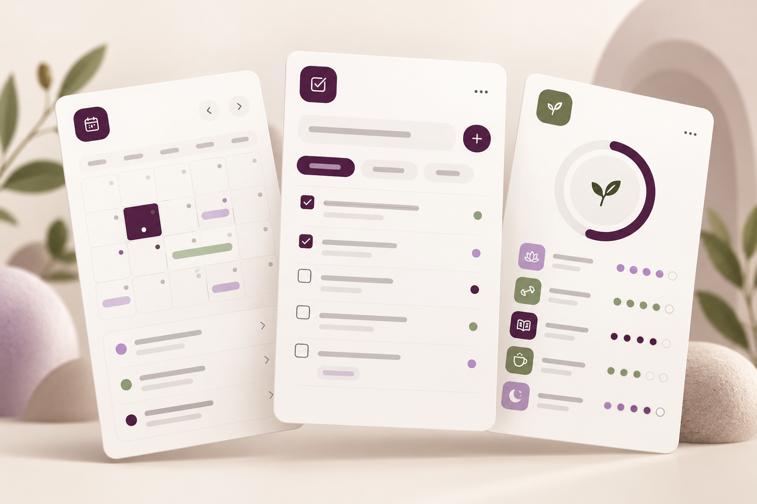 Connected calendar, task and habit app screen concepts