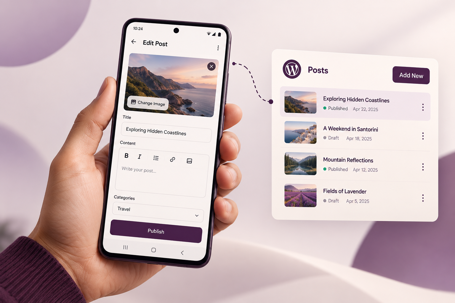 A hand publishing a post from an Android app connected to WordPress