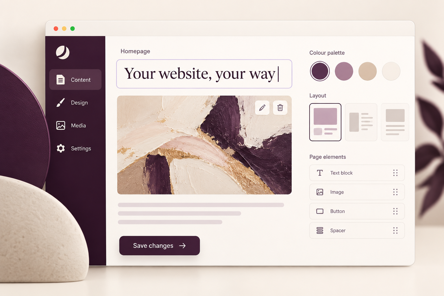 A custom website control panel with content, image and layout settings